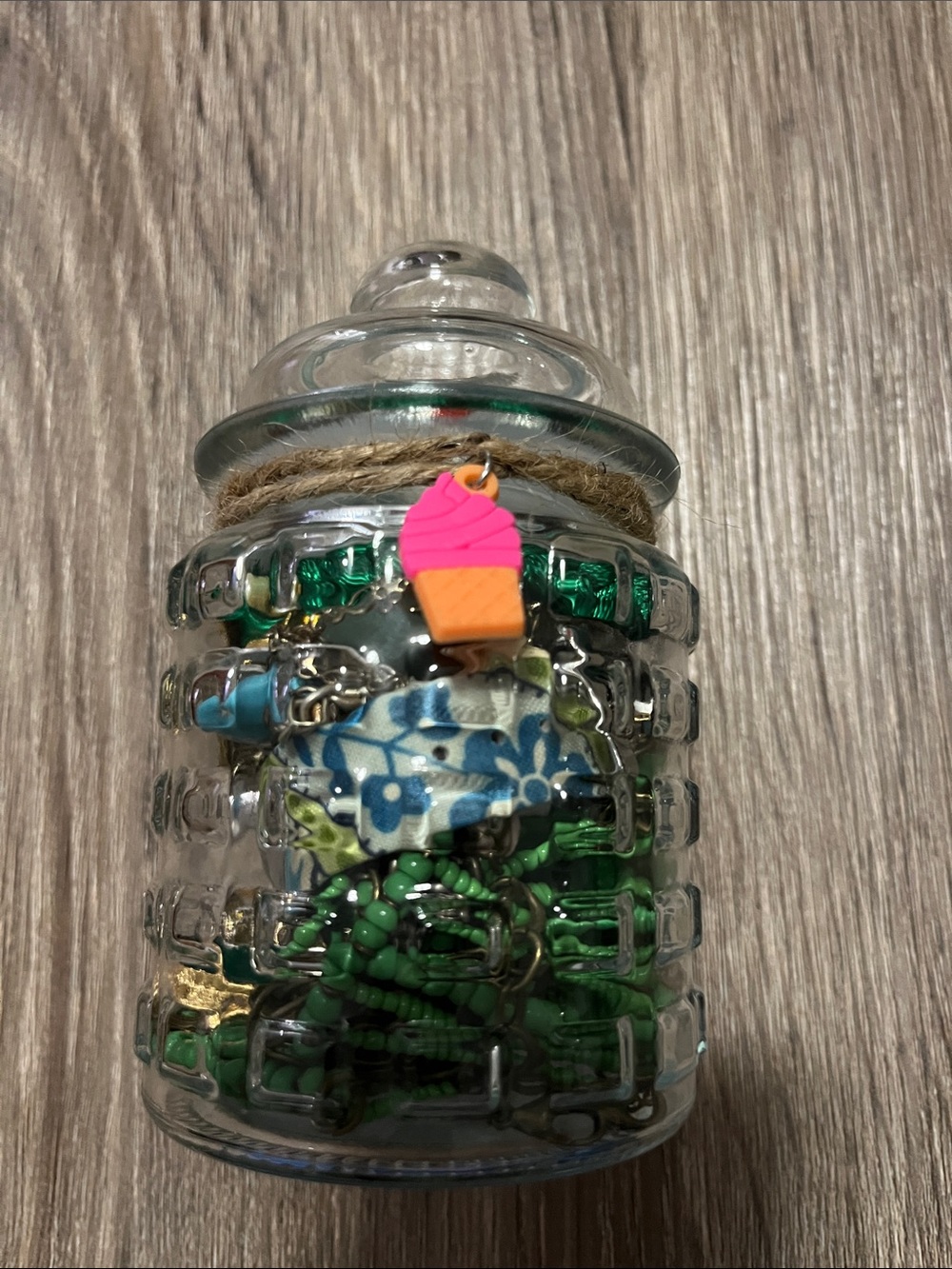 Glass Storage Jar with Green colored jewelry
